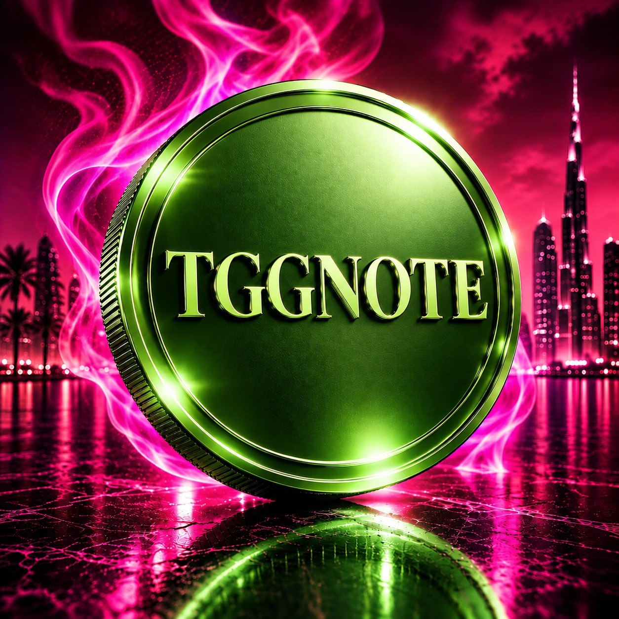 TGGNOTE coin visual with the TGGNOTE name embossed in green, lit by pink neon light