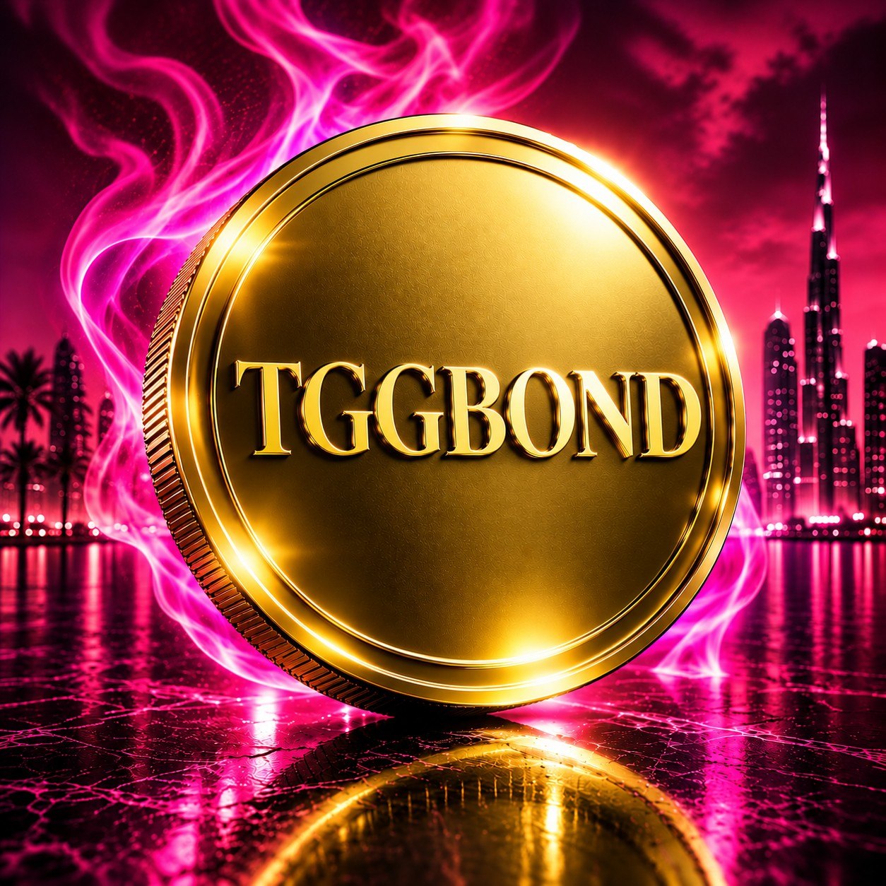 TGGBOND coin visual with the TGGBOND name embossed in gold, lit by pink neon light